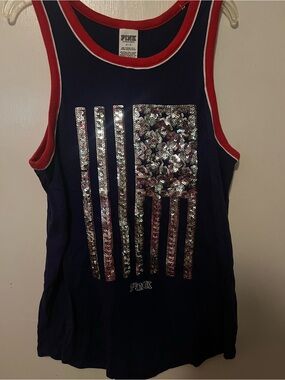 PINK Victoria's Secret Girls' Navy Sequin Flag Tank Top - Red Trim